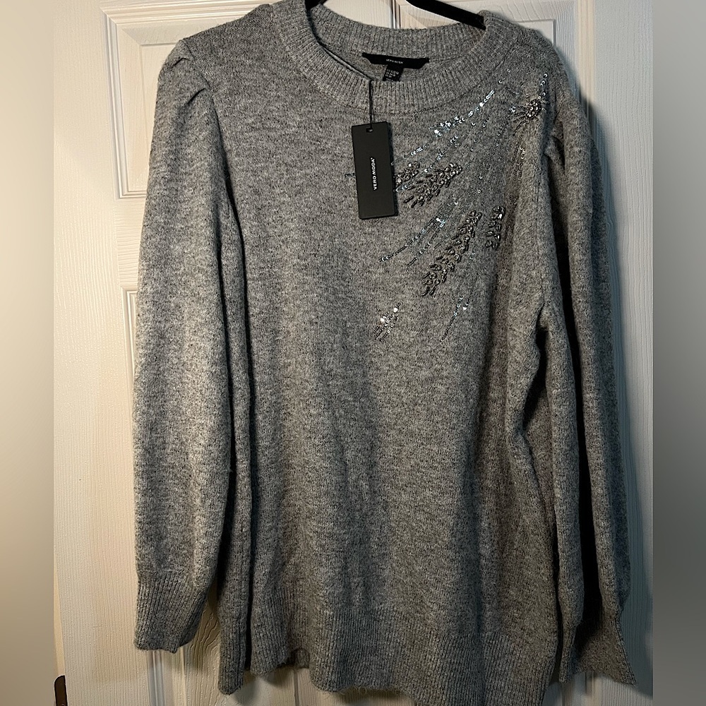 NWT Vero Moda Laria Puff Sleeve Grey Melange Embellished Sweater Size 3X